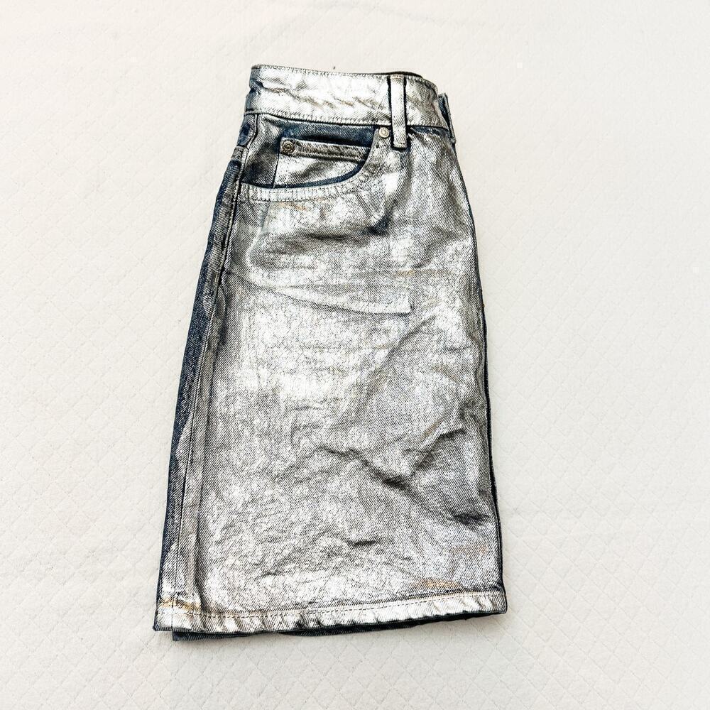 Sandro Paris Denim Pencil Skirt Metallic Silver Coated Front Size 1 / 26 US - Picture 6 of 6